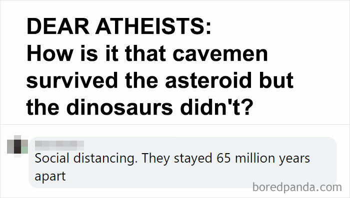 Text post with a hilarious cringe question about cavemen and dinosaurs, followed by a humorous response.