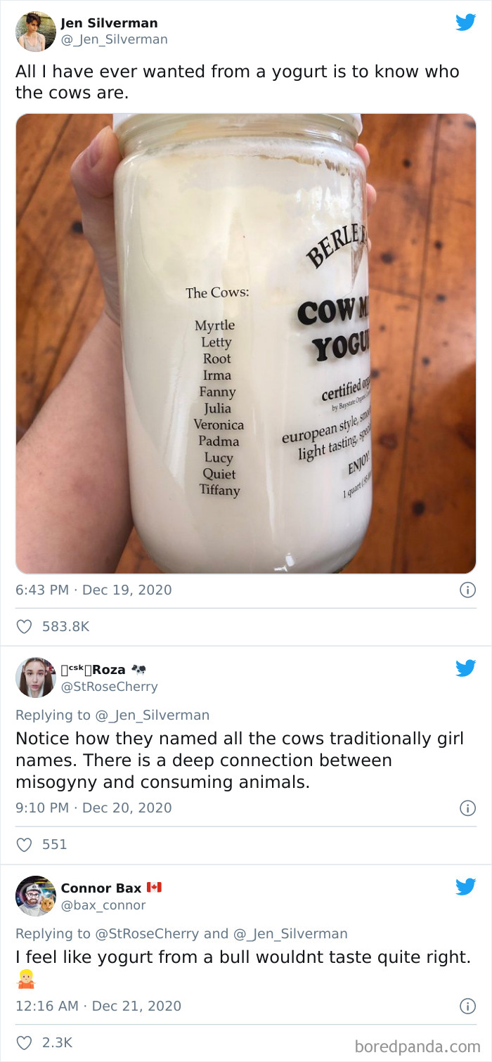 Yogurt jar lists cow names, sparking hilariously cringe commentary on identity and product origins.