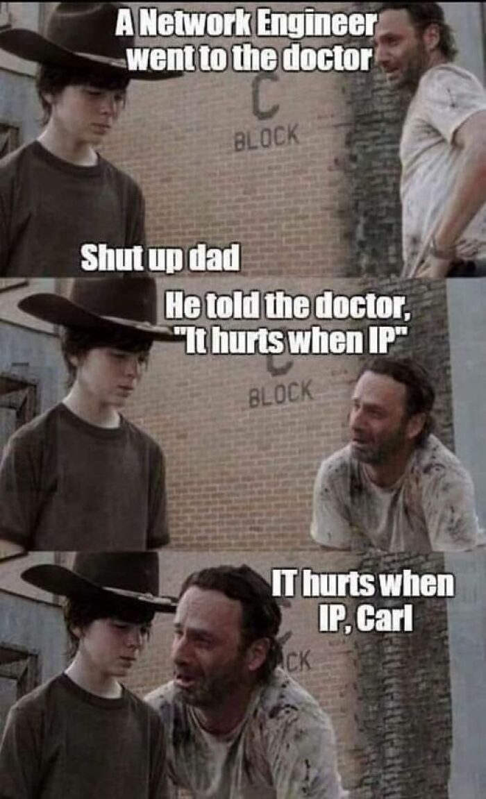 A humorous IT meme featuring a dad joke about network engineering and IP.