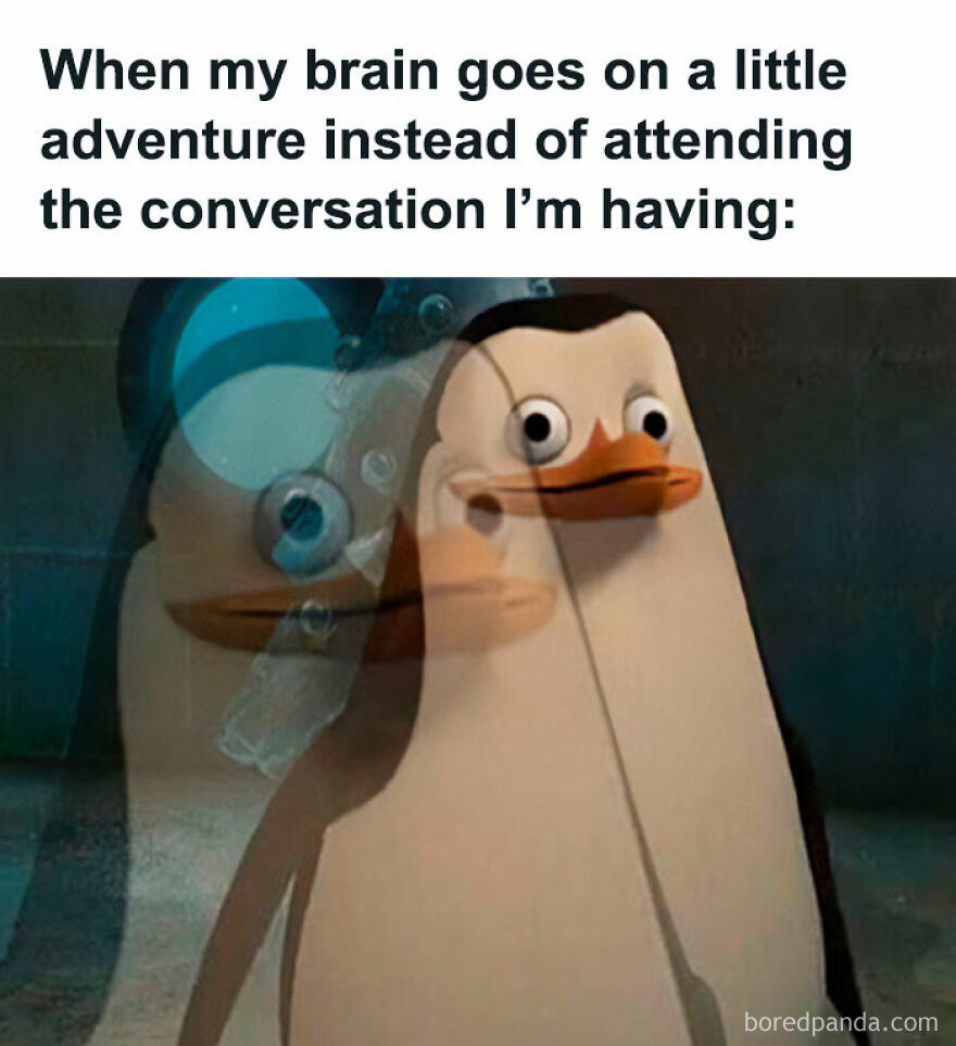 Penguin meme illustrating a funny moment of being mentally absent during a conversation.
