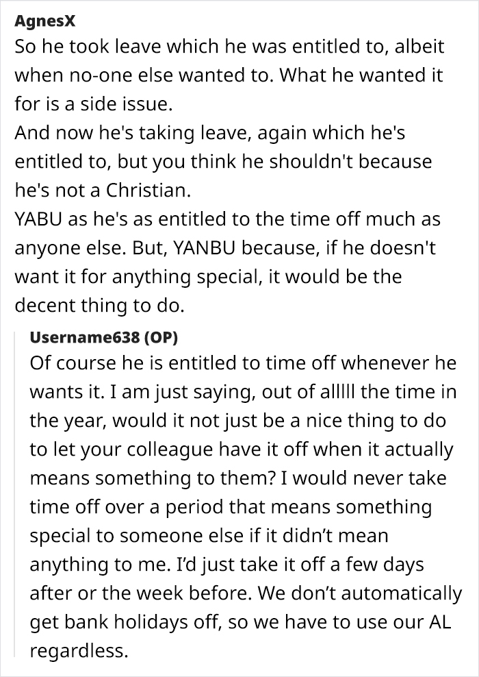 Comments discussing a Muslim employee taking Christmas leave, highlighting decency and entitlement issues.