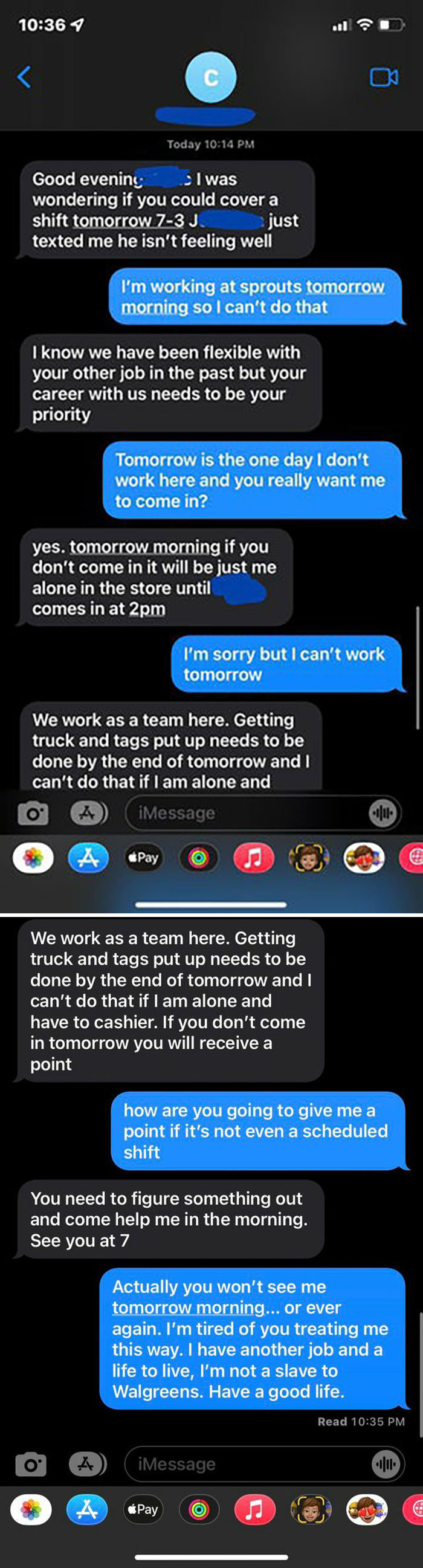 Text exchange showing a worker refusing a shift and resigning, asserting control over their career decisions.