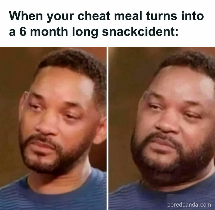 A funny meme showing a man's regretful expression about extended snacking.