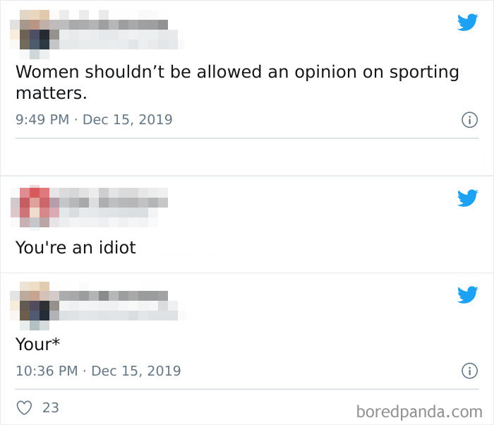 Cringe post exchange on Twitter about opinions on sporting matters with a humorous correction.