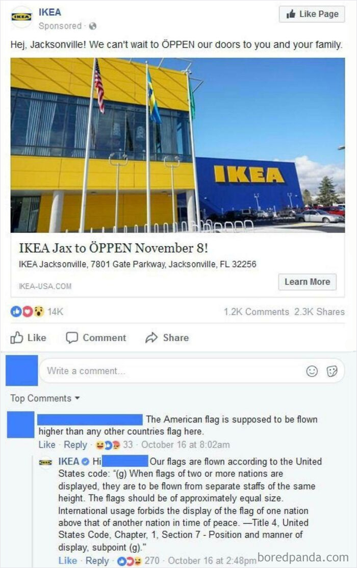 IKEA post displaying unshakable confidence in response to flag comment, promoting a store opening.