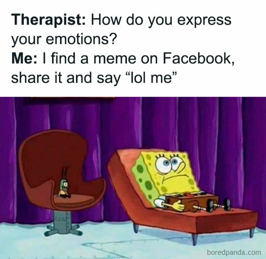 SpongeBob on a therapist's couch, humorously sharing a funny meme to express emotions.
