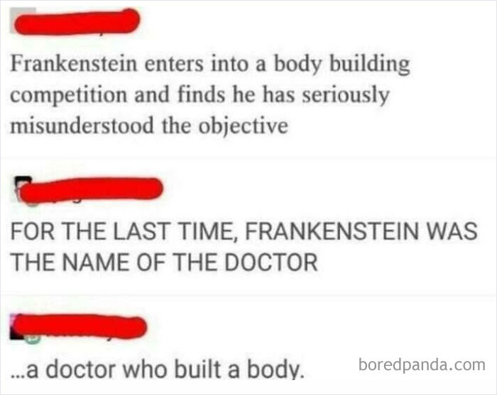 Funny cringe post about Frankenstein in a bodybuilding contest, misunderstanding the goal.