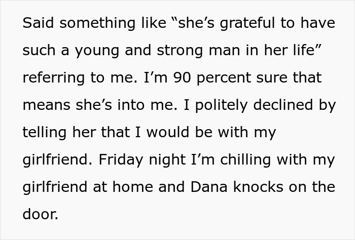 Text describing a situation involving HOA president interacting with a new resident and his girlfriend.