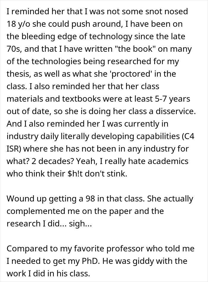 Text describing a college student's clever response to a professor known for humiliation.