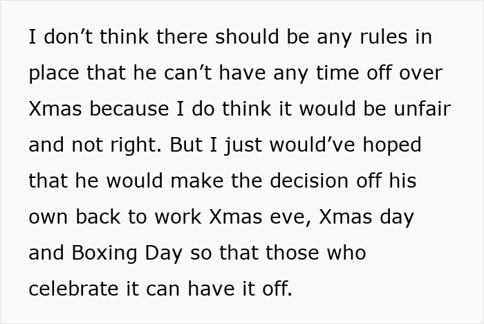 Text about a Muslim employee taking Christmas off, causing coworker upset.