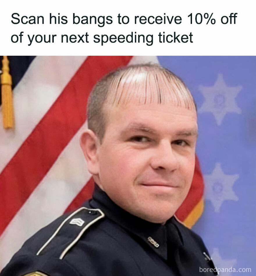 Police officer meme with barcode-style bangs, offering a humorous discount on speeding tickets.