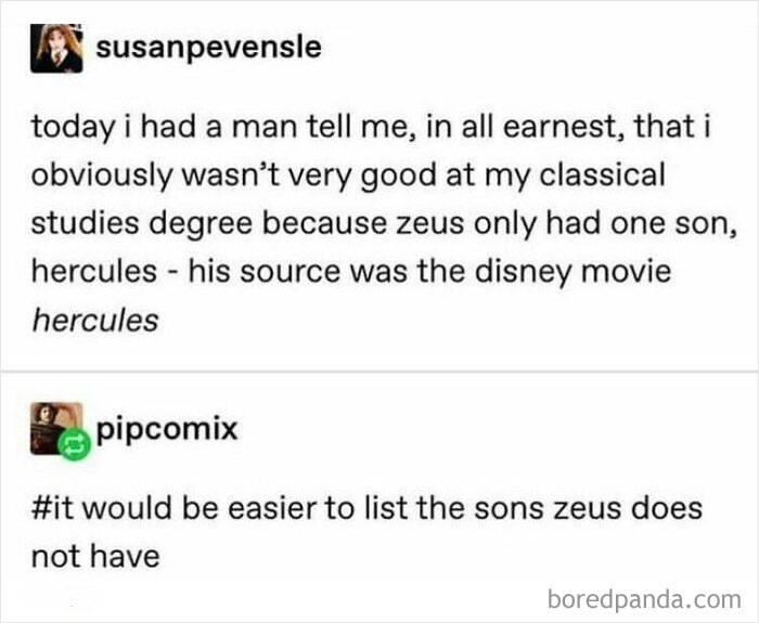 Text exchange humorously highlighting unshakable confidence gone awry with a comment about Zeus and Disney's Hercules.