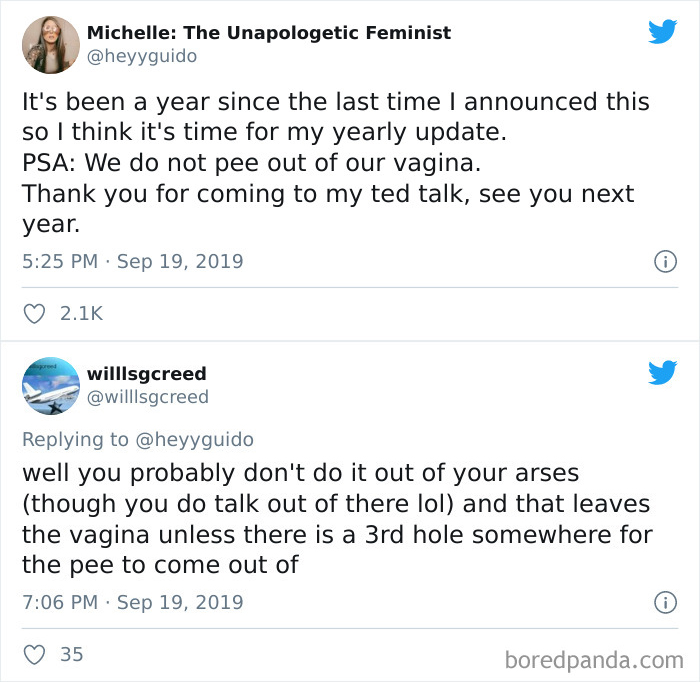 Tweets of hilariously cringe posts about women's anatomy, showcasing unshakable confidence gone awry.