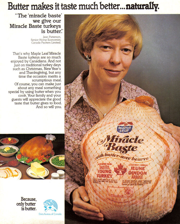 Person holding a Maple Leaf Miracle Baste turkey, promoting vintage Thanksgiving ads focused on butter for flavor.