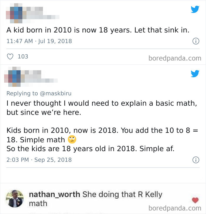 Cringe post of a Twitter user incorrectly saying kids born in 2010 are 18 in 2018, followed by a humorous comment.