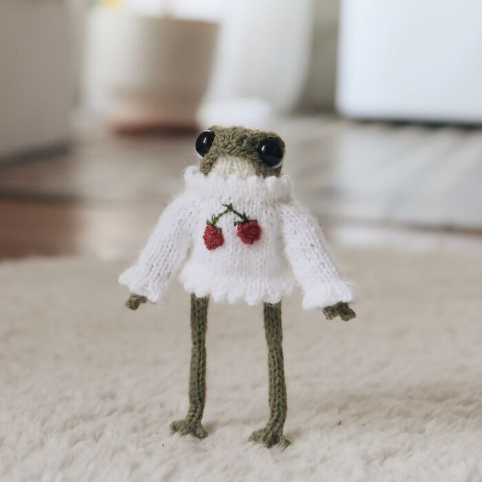 Miniature frog wearing a knitted sweater with red cherries, created by a French knitter, stands on a soft surface.