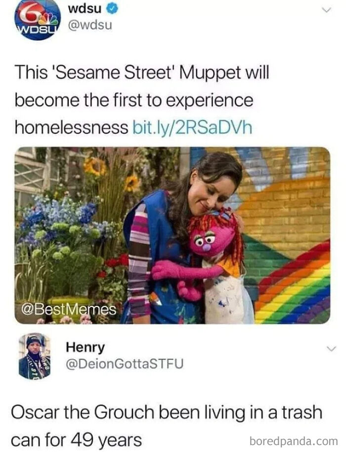 Tweet about 'Sesame Street' Muppet, humorous reply about Oscar the Grouch, highlighting unshakable confidence gone awry.