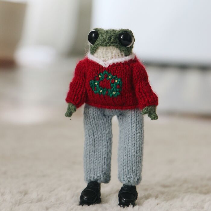 Miniature knitted frog in red sweater and pants, showcasing adorable craftsmanship.