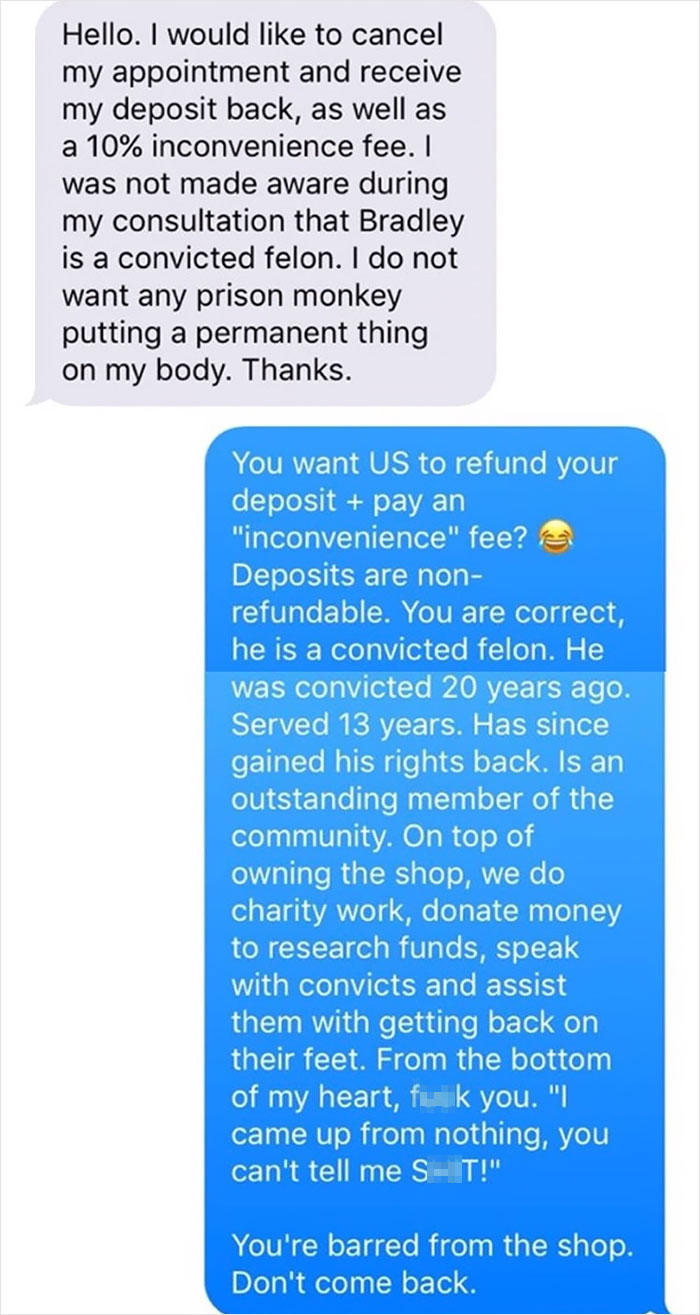 Text exchange showing a reality check to a choosing beggar demanding a refund and inconvenience fee.