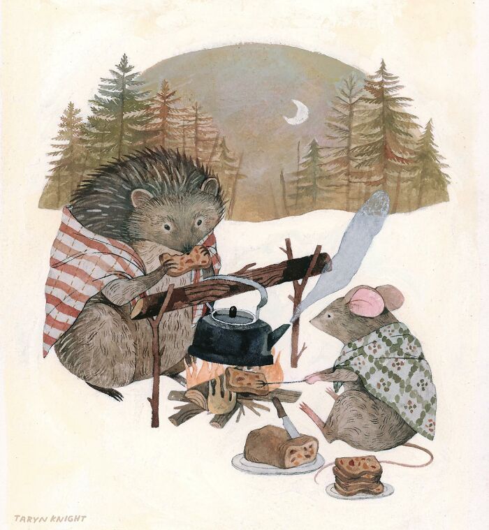 Wholesome illustration by Taryn Knight of a hedgehog and mouse cooking over a campfire in a snowy forest.