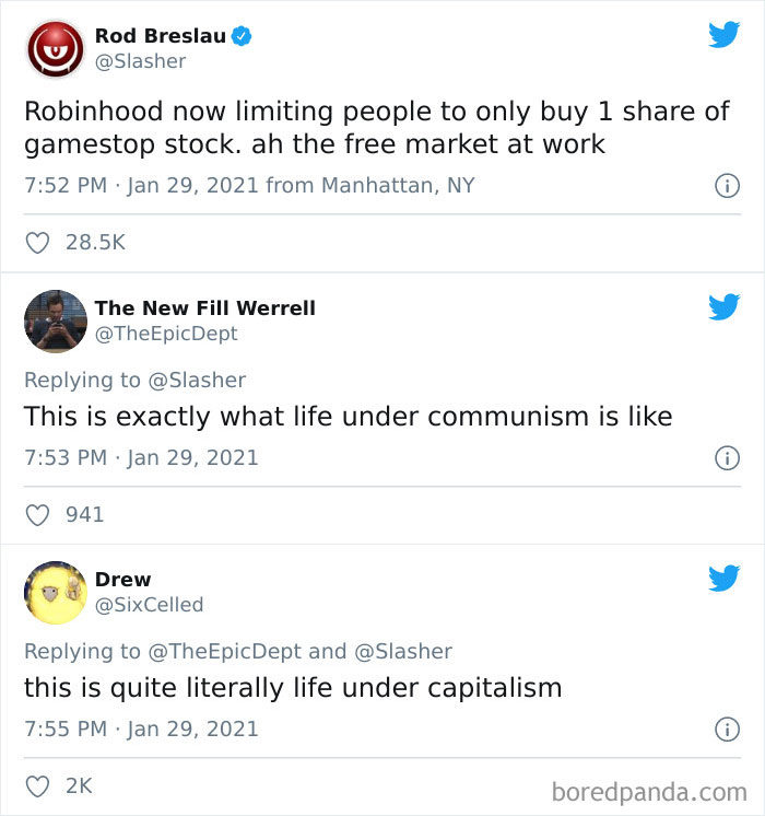 Three tweets discussing Robinhood's stock limitations with humorous takes on capitalism and communism.