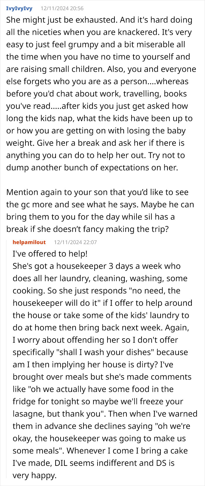 Text exchange discussing mother-in-law's confusion over daughter-in-law's behavior change. Text exchange discussing mother-in-law's confusion over daughter-in-law's behavior change.