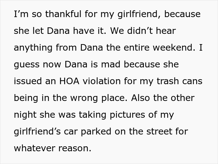 Text discussing HOA dispute and retaliation after girlfriend defends against unwanted advances.