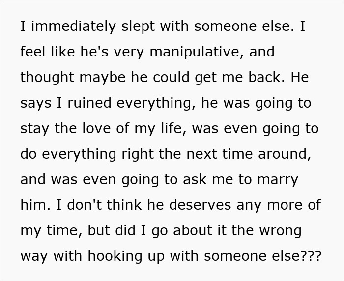 Text image about a woman's feelings and doubts after a hookup ending a long relationship.