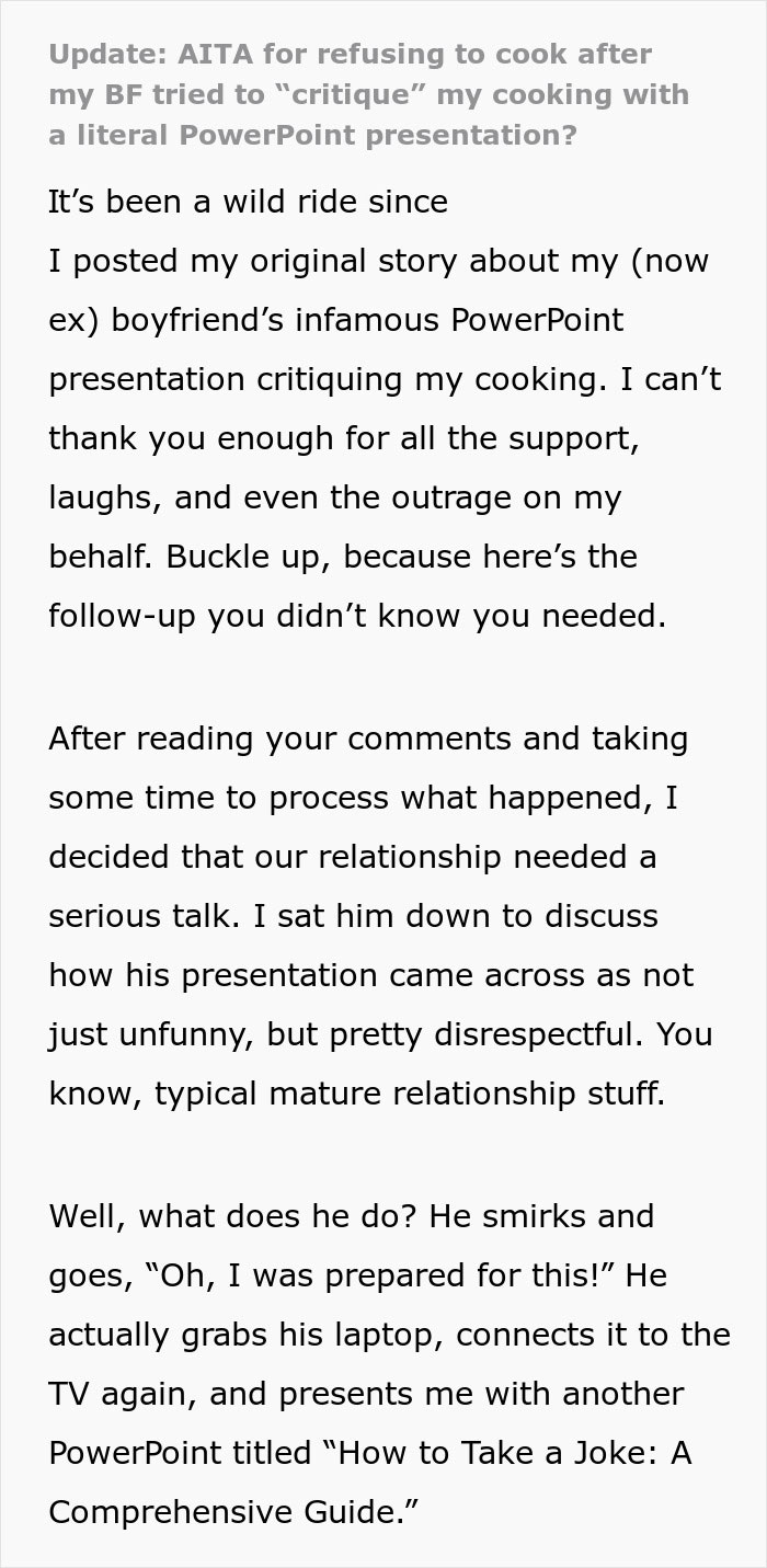 Man Thinks Criticizing GF&rsquo;s Food With A Presentation Is Funny Until She Gives One To Him