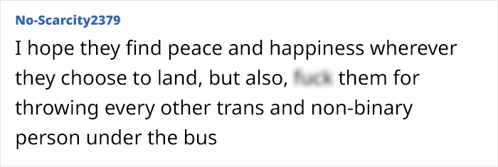 Comment expressing mixed emotions on rock singer's decision to detransition. Comment expressing mixed emotions on rock singer's decision to detransition.