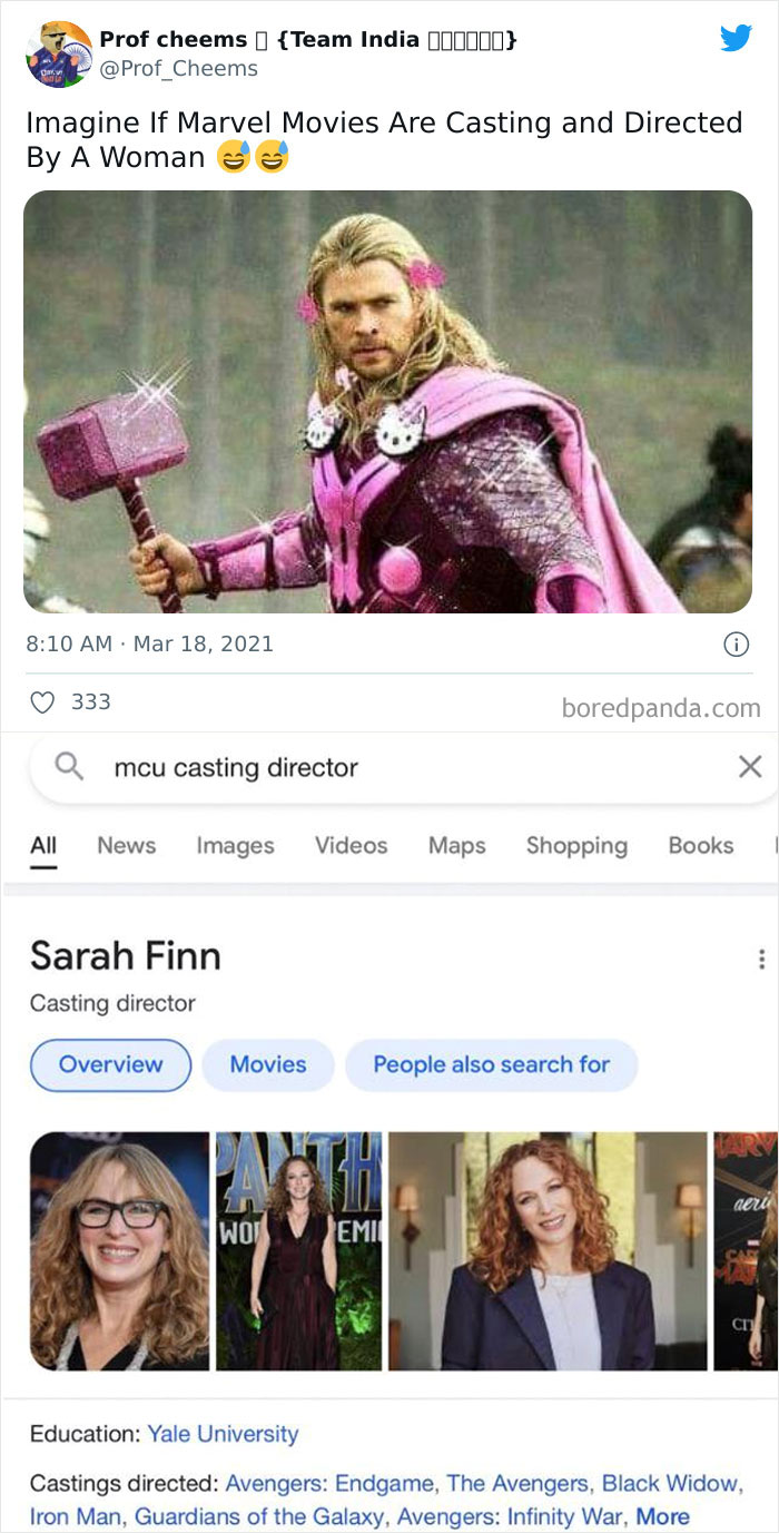 Marvel meme showcasing hilariously cringe confidence with Thor holding Mjolnir in pink costume; search for casting director below.