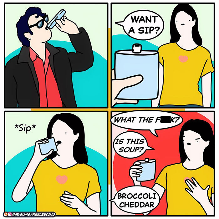 Comic by Miles Erickson showing a person offering a drink from a flask, with an unexpected soup twist at the end.