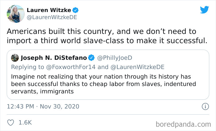 Twitter exchange showing a post with unshakable confidence and a critical reply discussing labor and history.