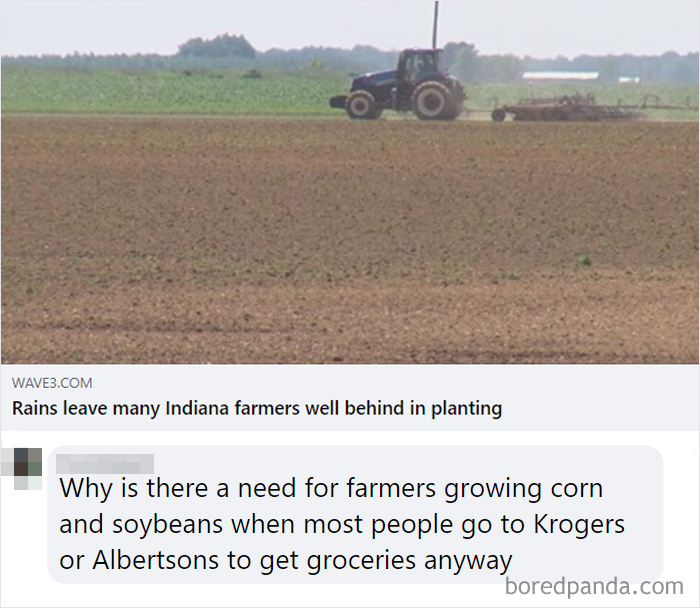 Field with tractor and a cringe post questioning the need for farmers when grocery stores exist.