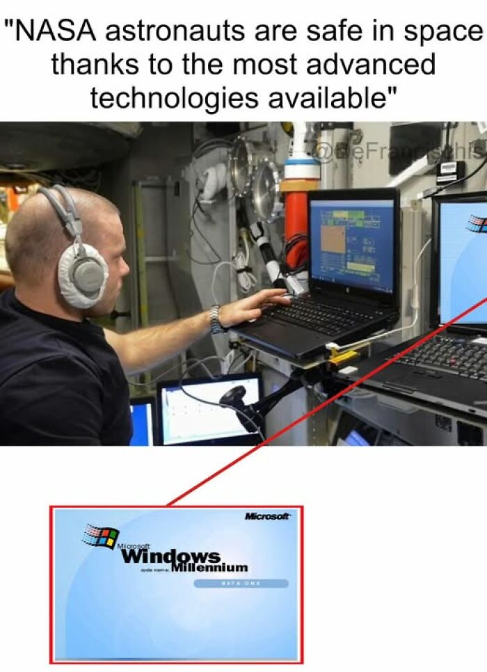 Astronaut uses outdated software in space; humor and IT meme highlighting technology irony.