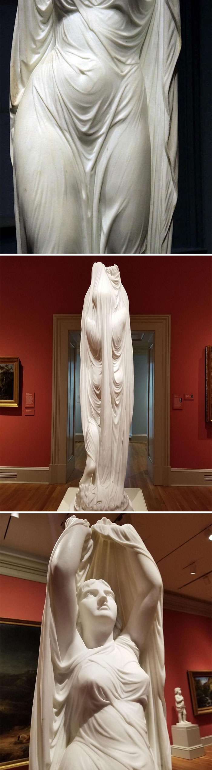 Marble statue with intricate drapery details showcased in a museum, highlighting random and interesting facts.