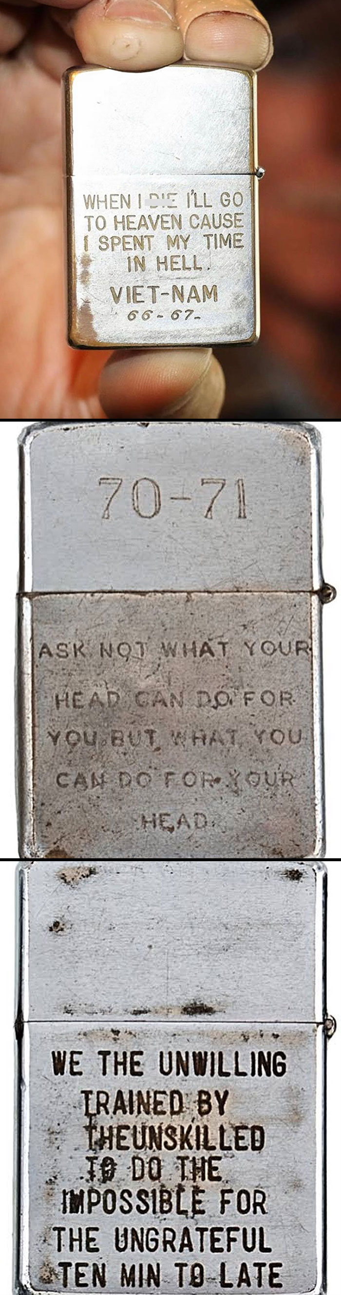 Engraved lighter with Vietnam war messages, showcasing interesting facts and curiosities.