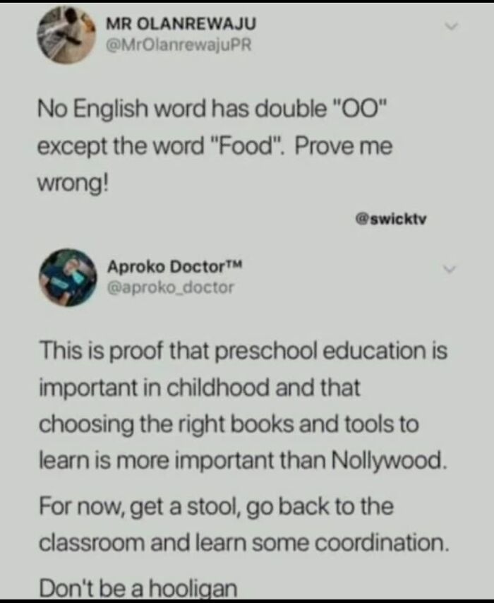 Confident cringe post claiming "Food" is the only English word with double "OO," humorously debunked in comments.