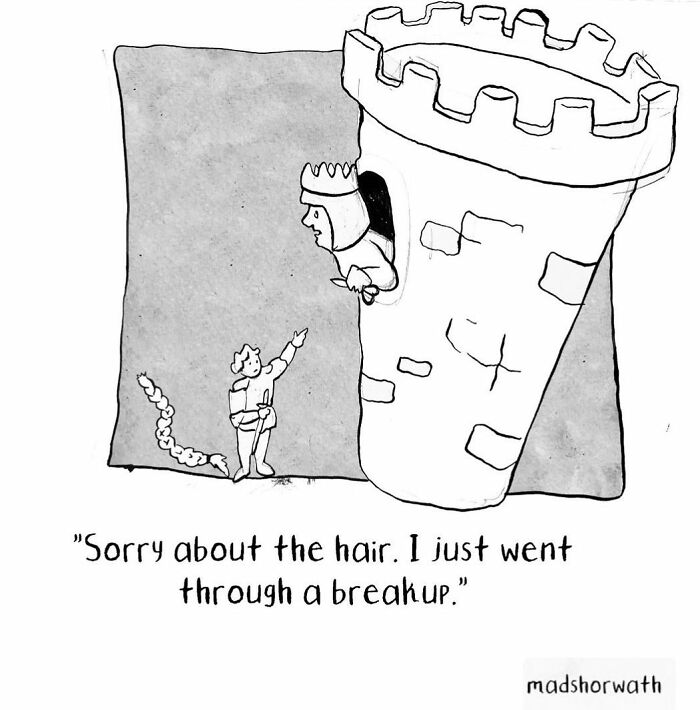 Black and white funny comic by Madeline Horwath showing a knight apologizing to a princess in a tower about her hair after a breakup.