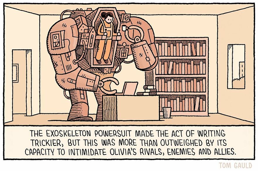 Tom Gauld comic of a person in an exoskeleton powersuit, humorously writing at a desk in a library setting.