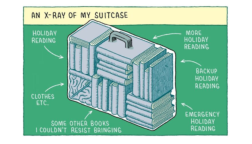 Comic by Tom Gauld depicting a suitcase filled with books labeled as holiday reading.