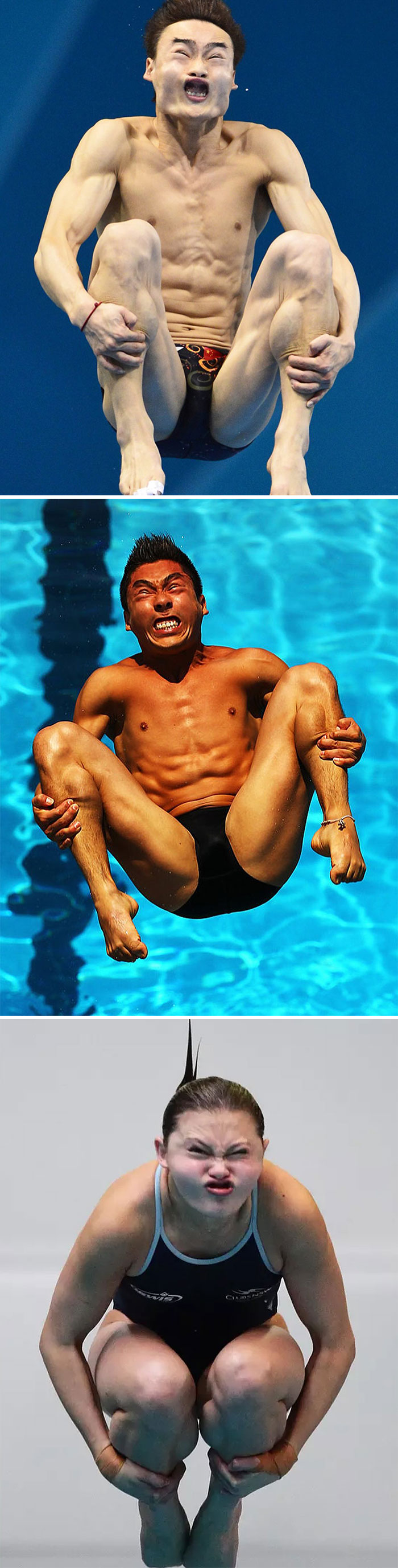 Divers caught mid-air with intense expressions, showcasing interesting facts from a dedicated IG page.