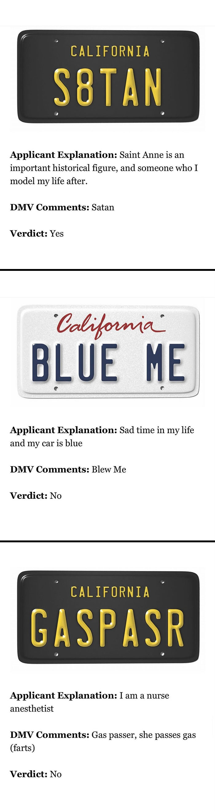 Rejected California License Plates Applications