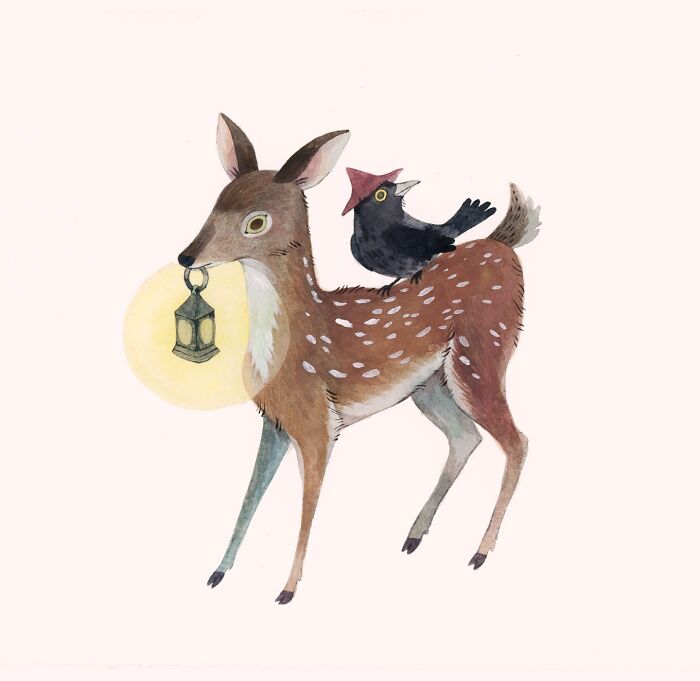Wholesome illustration of a deer holding a lantern with a crow on its back, created by Taryn Knight.