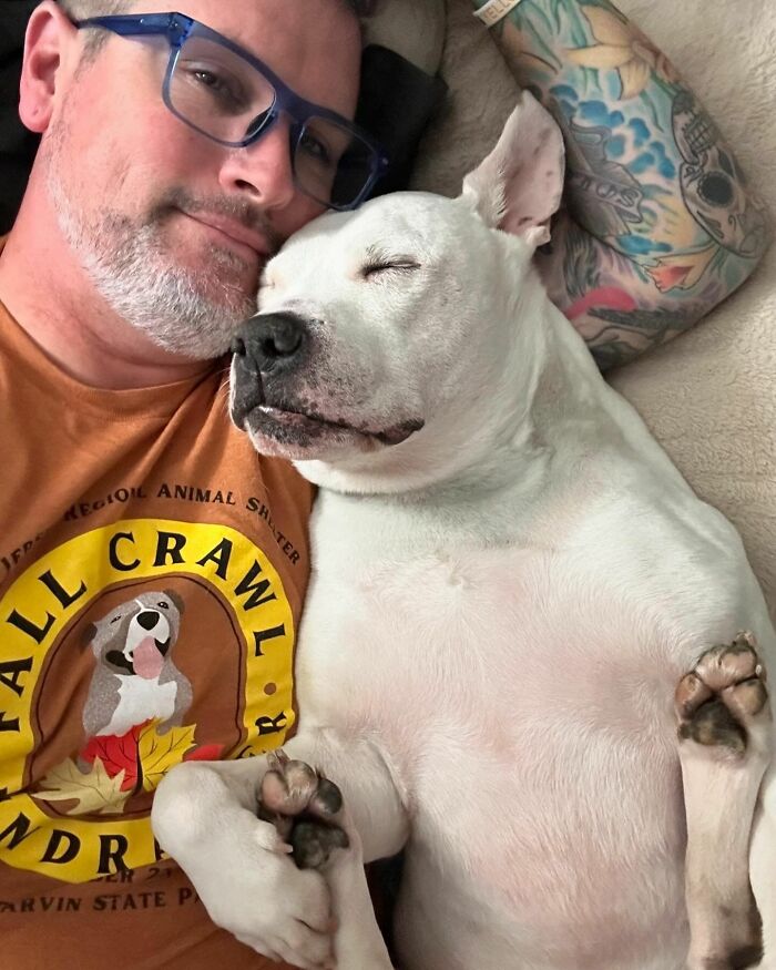 Man with glasses cuddling a white deaf therapy dog wearing a tan shirt with a dog emblem.