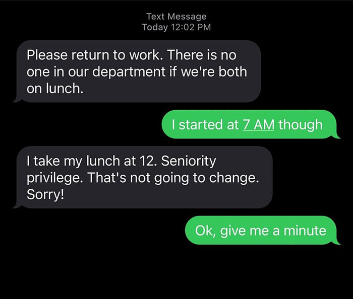 Text exchange between workers discussing lunch break timing and seniority privileges.