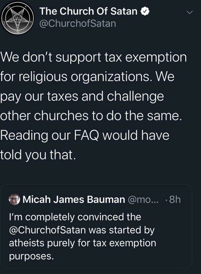Hilarious cringe post of a confident assertion about Church of Satan and tax exemption debunked.
