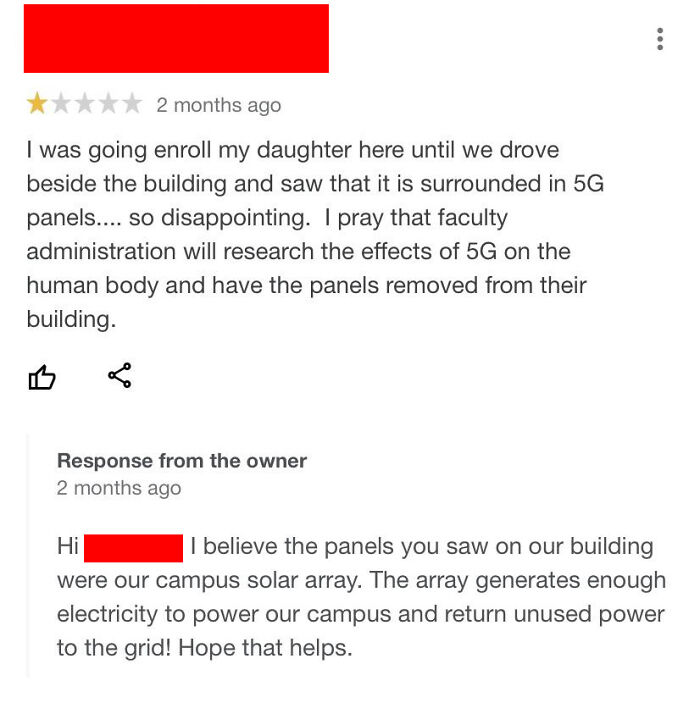 Cringe post about mistaking solar panels for 5G technology, with an amused owner response.