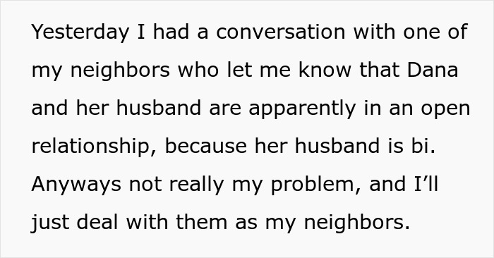 Text message about neighbor gossip involving an open relationship due to bisexuality.