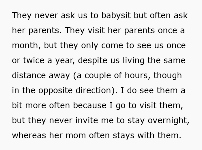 Text about mother-in-law relationship dynamics, describing unequal visit frequency and babysitting requests. Text about mother-in-law relationship dynamics, describing unequal visit frequency and babysitting requests.